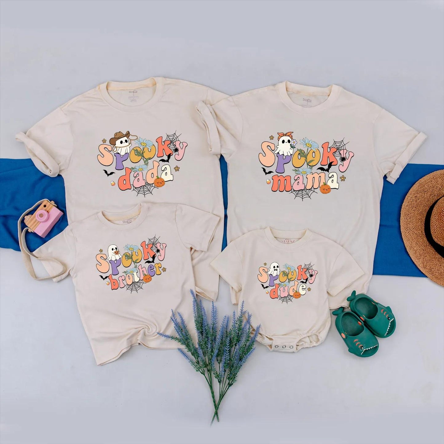 Spooky "Dude" Halloween Family Matching Shirts Cute Ghost Bat Floral Pumpkin Retro Pastel Bright Fun Kid-Friendly Outfit Gift