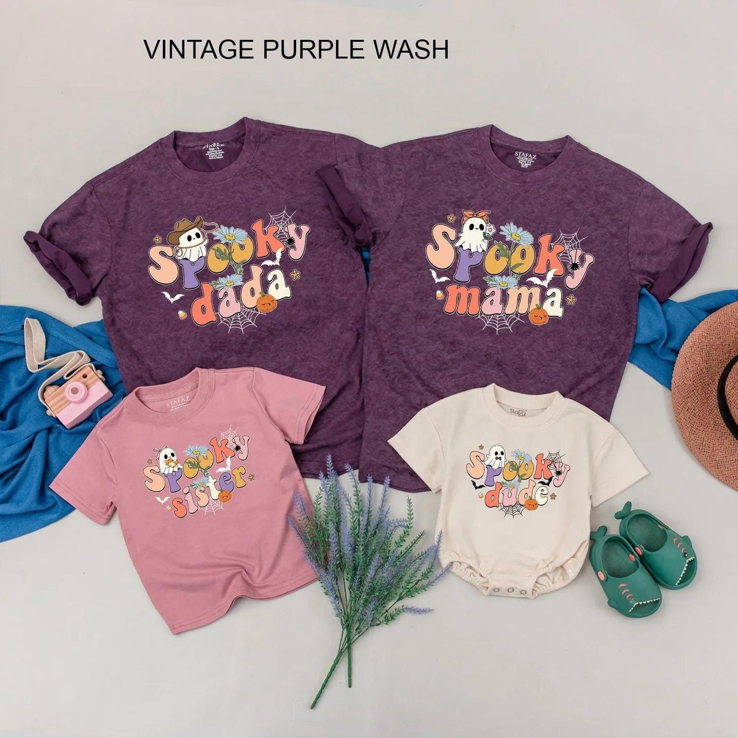 Spooky "Dude" Halloween Family Matching Shirts Cute Ghost Bat Floral Pumpkin Retro Pastel Bright Fun Kid-Friendly Outfit Gift