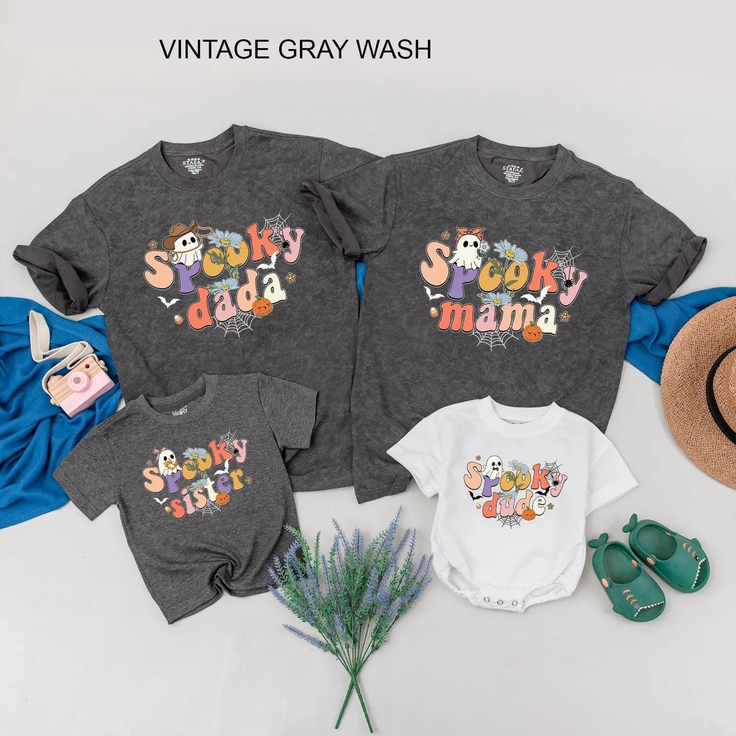 Spooky "Dude" Halloween Family Matching Shirts Cute Ghost Bat Floral Pumpkin Retro Pastel Bright Fun Kid-Friendly Outfit Gift