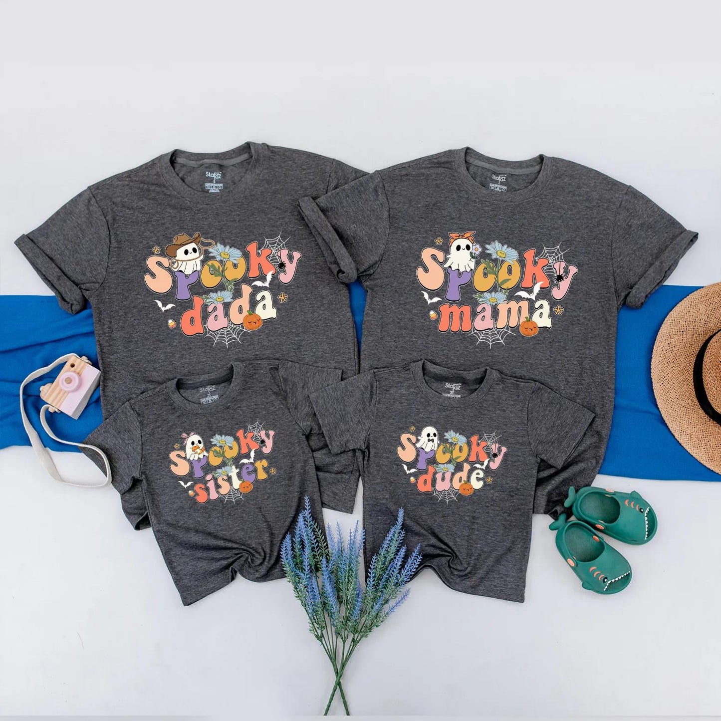Spooky "Dude" Halloween Family Matching Shirts Cute Ghost Bat Floral Pumpkin Retro Pastel Bright Fun Kid-Friendly Outfit Gift