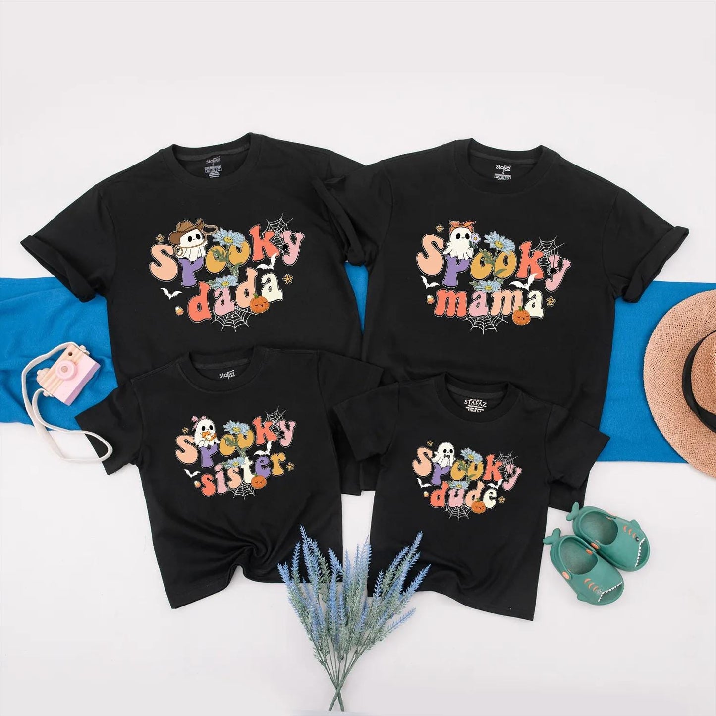 Spooky "Dude" Halloween Family Matching Shirts Cute Ghost Bat Floral Pumpkin Retro Pastel Bright Fun Kid-Friendly Outfit Gift