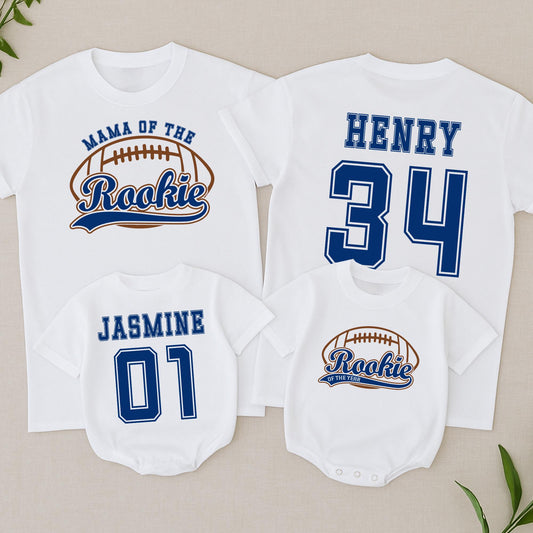 Rookie of the Year Football Birthday Shirt Baby Tee "Henry 34" & "Jasmine 01" Blue Brown