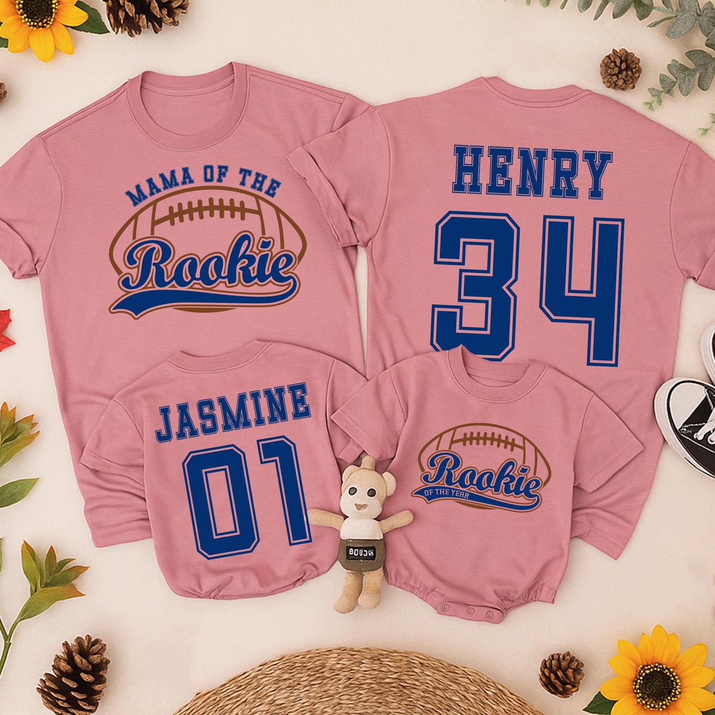 Rookie of the Year Football Birthday Shirt Baby Tee "Henry 34" & "Jasmine 01" Blue Brown