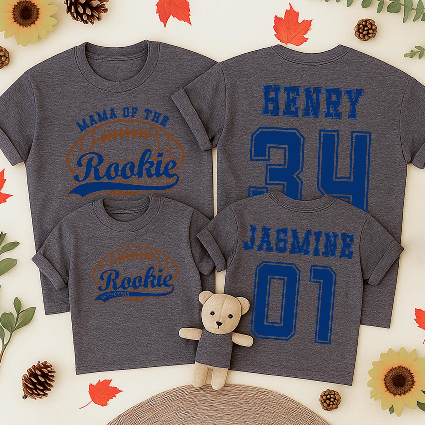 Rookie of the Year Football Birthday Shirt Baby Tee "Henry 34" & "Jasmine 01" Blue Brown
