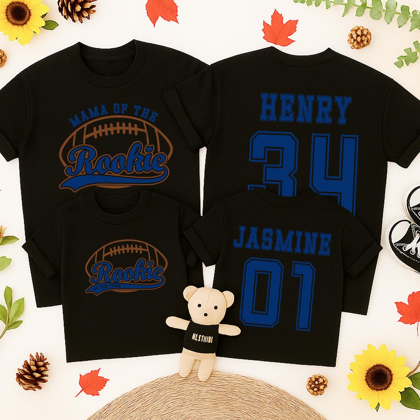 Rookie of the Year Football Birthday Shirt Baby Tee "Henry 34" & "Jasmine 01" Blue Brown