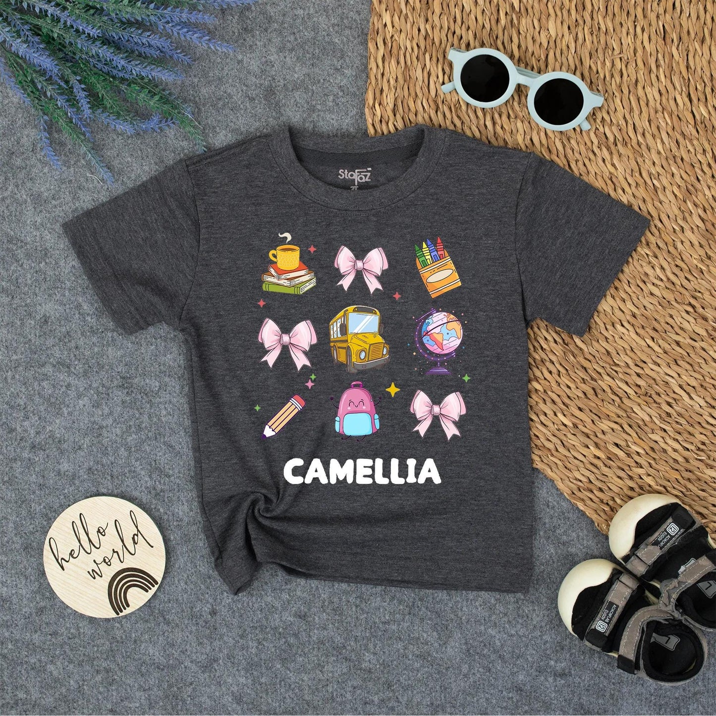 Cute Back To School Personalized Girl Shirt with Books, Bows & Bus | First Day of School Tee