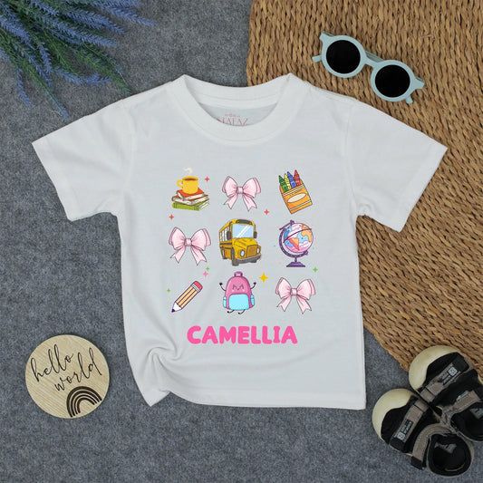 Cute Back To School Personalized Girl Shirt with Books, Bows & Bus | First Day of School Tee