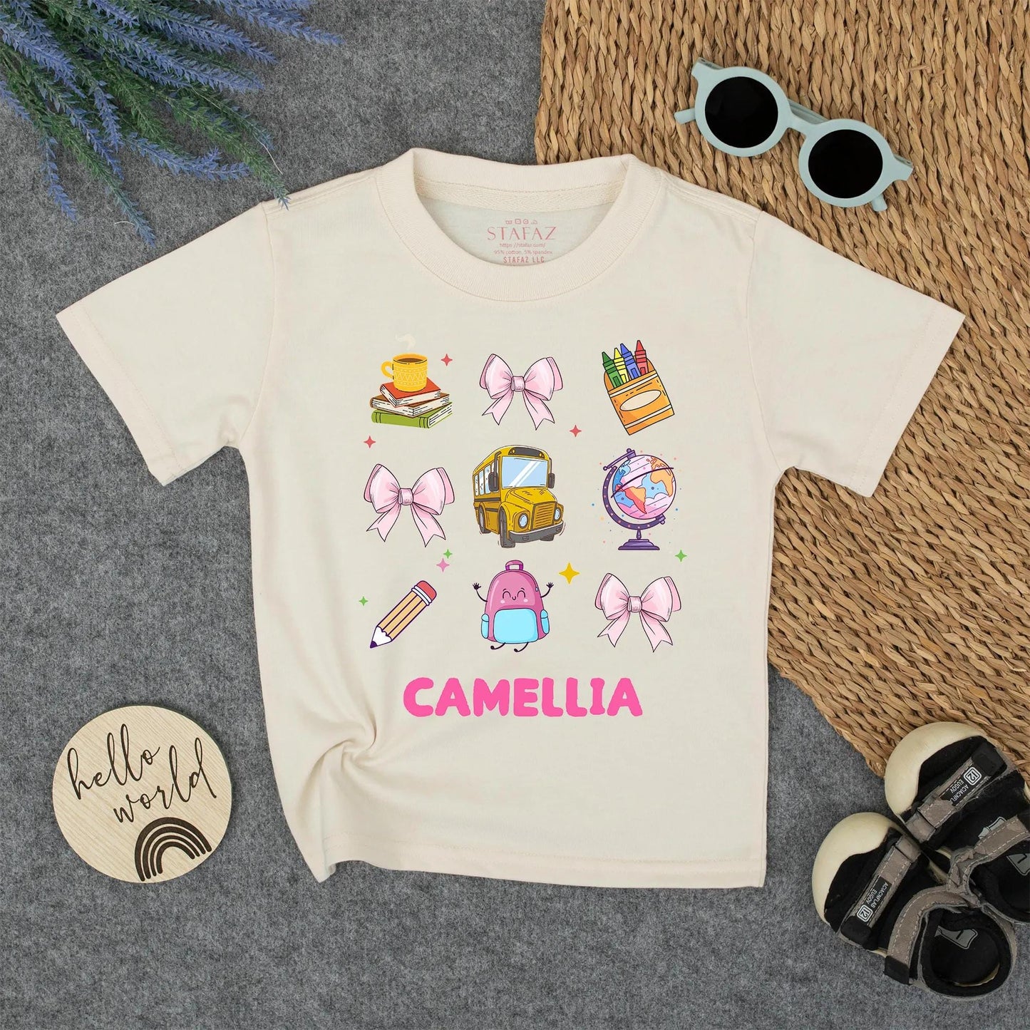 Cute Back To School Personalized Girl Shirt with Books, Bows & Bus | First Day of School Tee