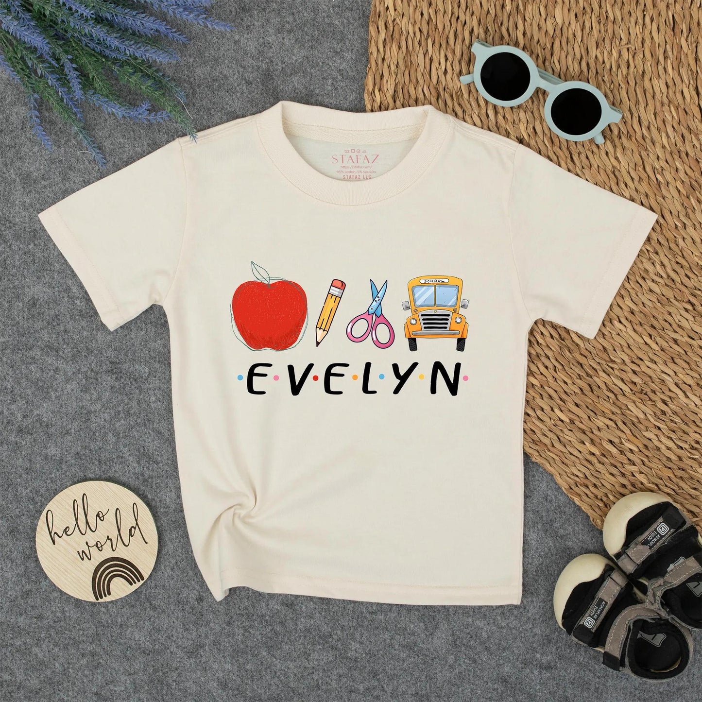 Custom Name Kids Back To School Shirt for Boys Girls, Cute Toddler First Day Kindergarten Outfit with Apple Bus Pencil Polka Dot Design.