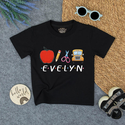 Custom Name Kids Back To School Shirt for Boys Girls, Cute Toddler First Day Kindergarten Outfit with Apple Bus Pencil Polka Dot Design.