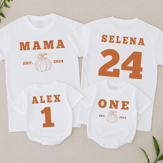 Matching Family Pumpkin Birthday Shirts, Our Little Pumpkin is One, Custom Name, Est. 2024 Orange Graphic Tees, Fall Thanksgiving First Birthday Outfit (138 chars)