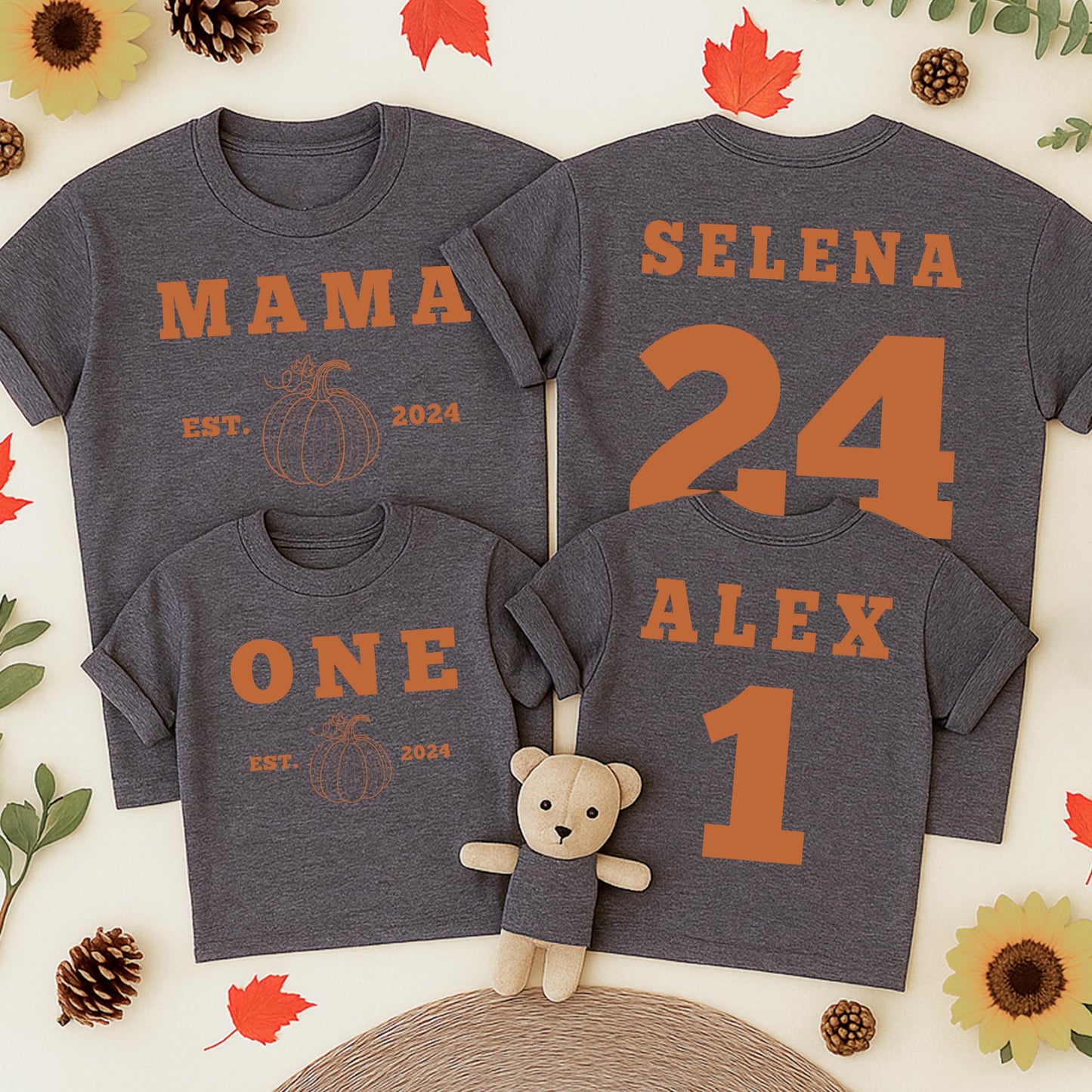 Matching Family Pumpkin Birthday Shirts, Our Little Pumpkin is One, Custom Name, Est. 2024 Orange Graphic Tees, Fall Thanksgiving First Birthday Outfit (138 chars)