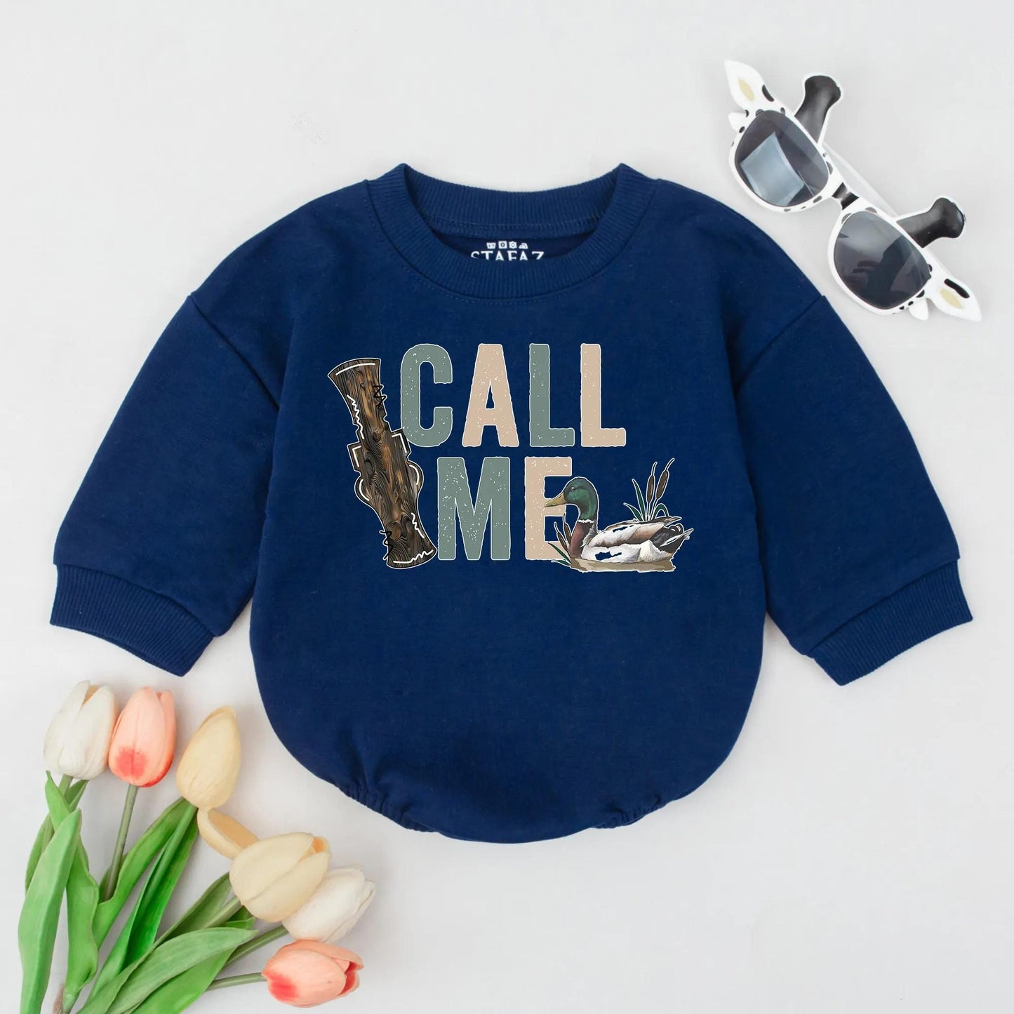 Rustic Call Me Duck Hunting Baby Boy Bubble Romper Outfit with Muted Green Beige Mallard Duck Call Design First Birthday Infant Apparel