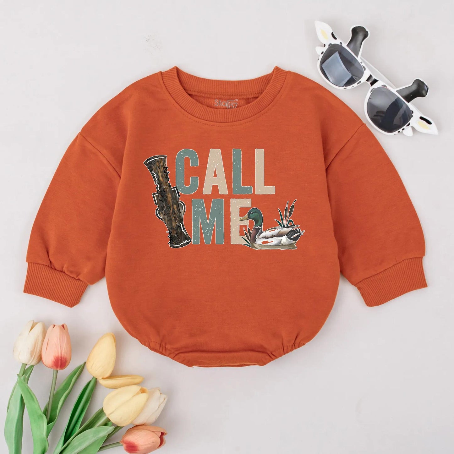 Rustic Call Me Duck Hunting Baby Boy Bubble Romper Outfit with Muted Green Beige Mallard Duck Call Design First Birthday Infant Apparel