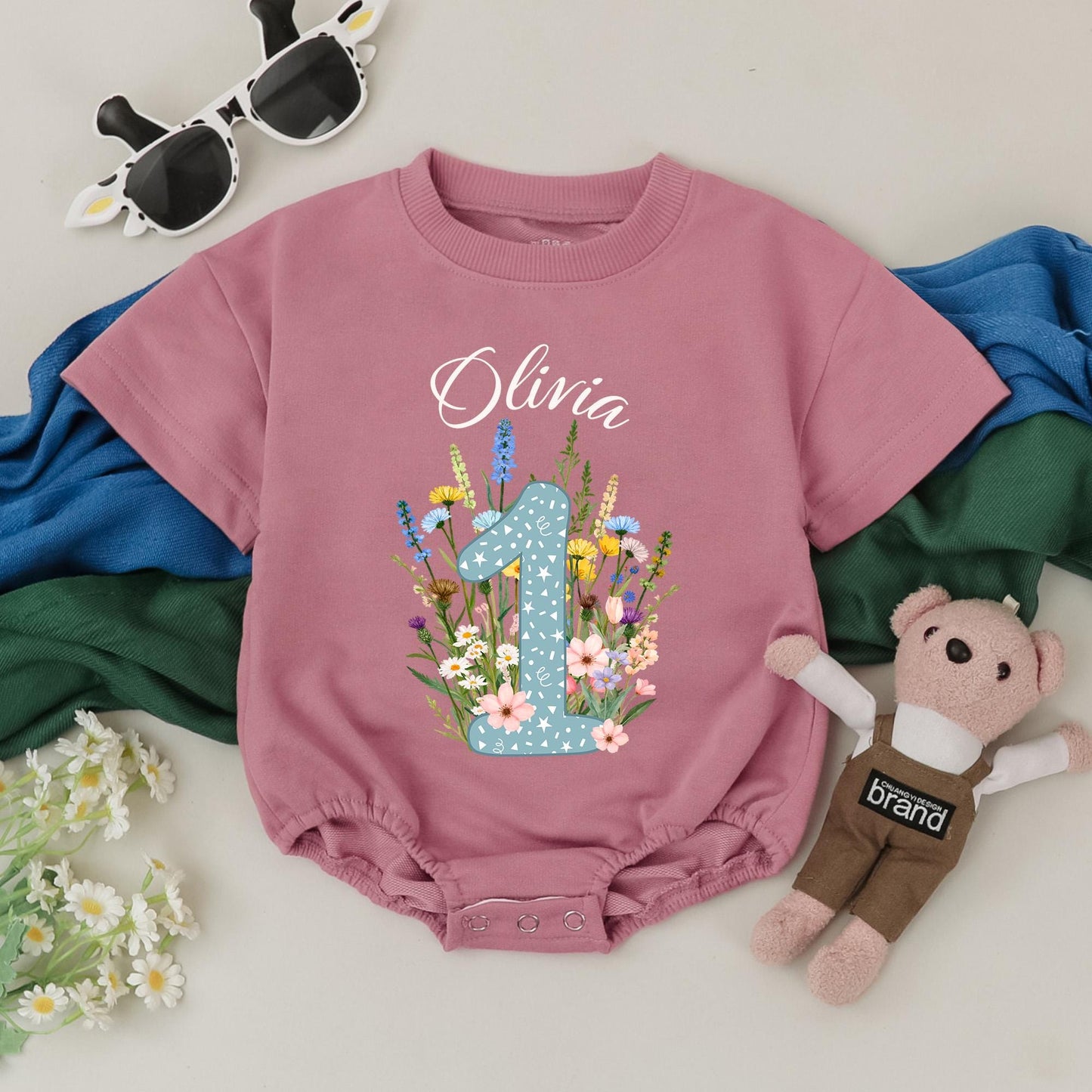 Personalized Olivia First Birthday Wildflower Romper, Floral Boho Girl Bodysuit Cake Smash Outfit, Sweet Pink Yellow Blue Purple Baby Shower Gift