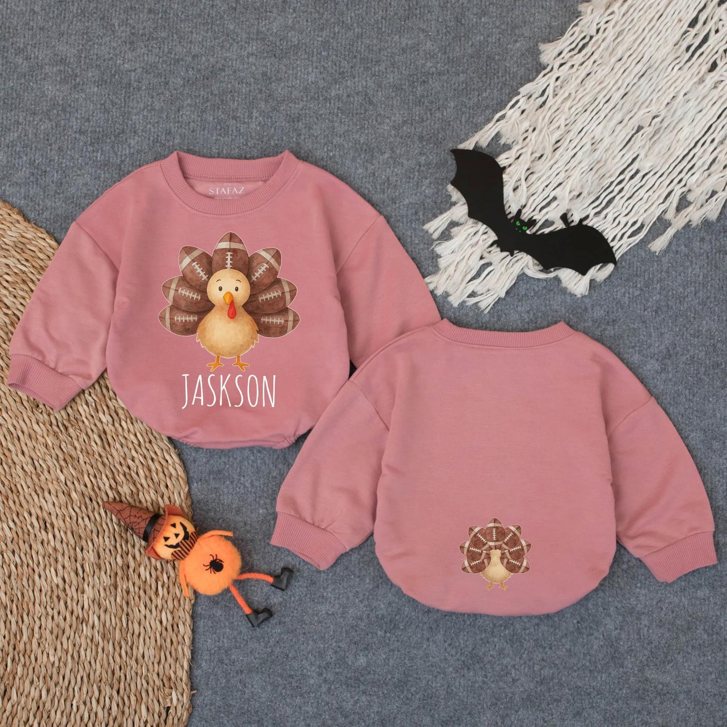 Personalized Little Turkey Romper, Custom "Jackson" First Thanksgiving Outfit, Baby Football Feather Bodysuit, Infant Autumn Clothes 1st Thanksgiving