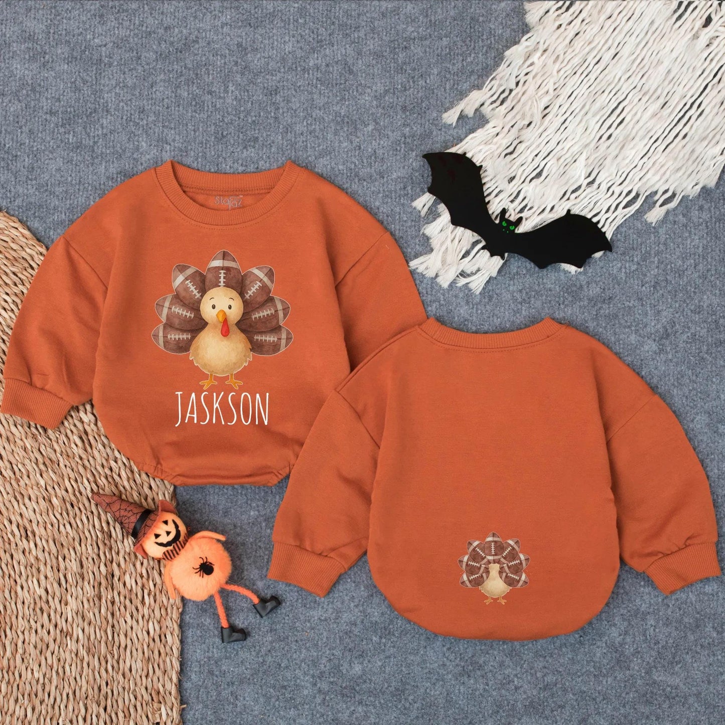 Personalized Little Turkey Romper, Custom "Jackson" First Thanksgiving Outfit, Baby Football Feather Bodysuit, Infant Autumn Clothes 1st Thanksgiving
