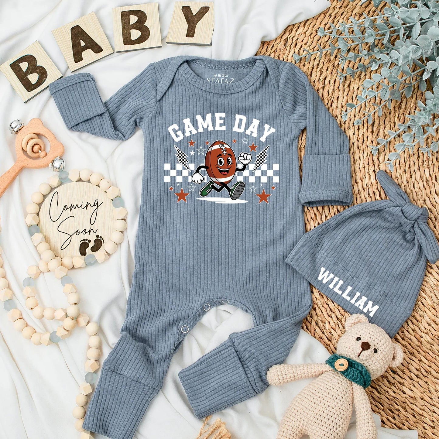 Game Day Football Baby Bodysuit - My First Season Outfit, Retro Cartoon Design with Lightning Bolts & Checkers, Personalized Newborn Clothes Gift, 138 Chars