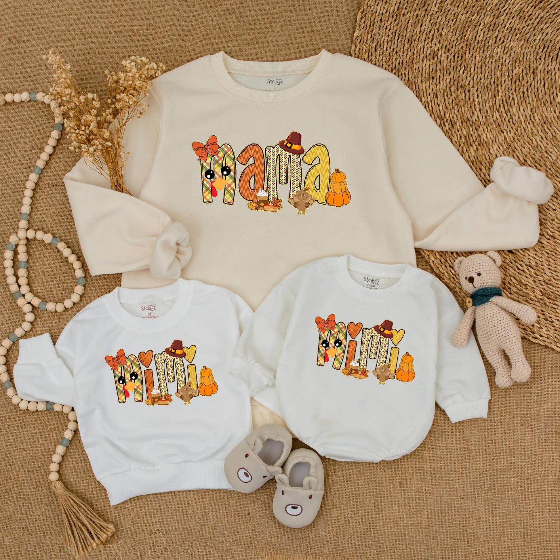 Adorable Mama and Mini Fall Sweatshirts with Playful Pumpkin Turkey Designs Warm Orange Red Colors Perfect for Thanksgiving Family Outings