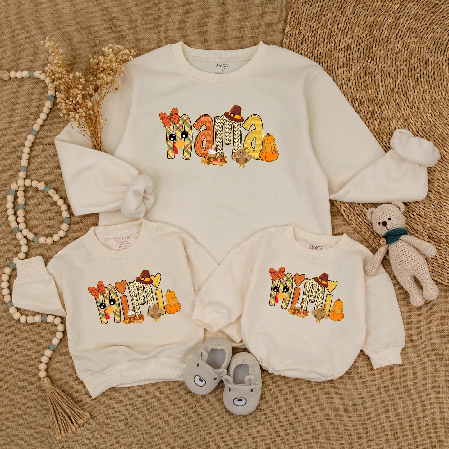 Adorable Mama and Mini Fall Sweatshirts with Playful Pumpkin Turkey Designs Warm Orange Red Colors Perfect for Thanksgiving Family Outings