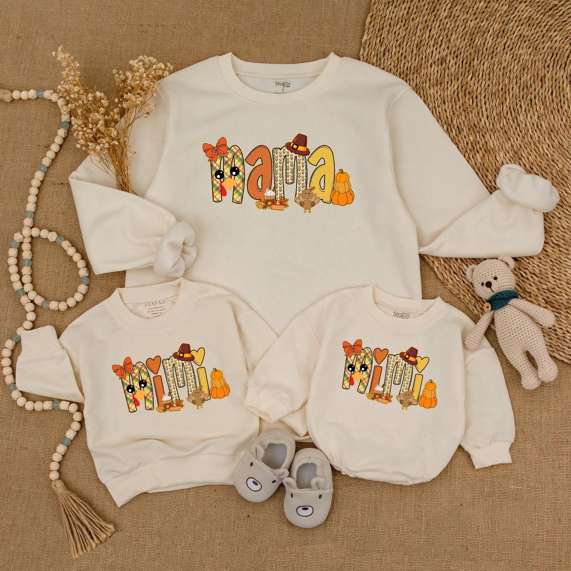 Adorable Mama and Mini Fall Sweatshirts with Playful Pumpkin Turkey Designs Warm Orange Red Colors Perfect for Thanksgiving Family Outings