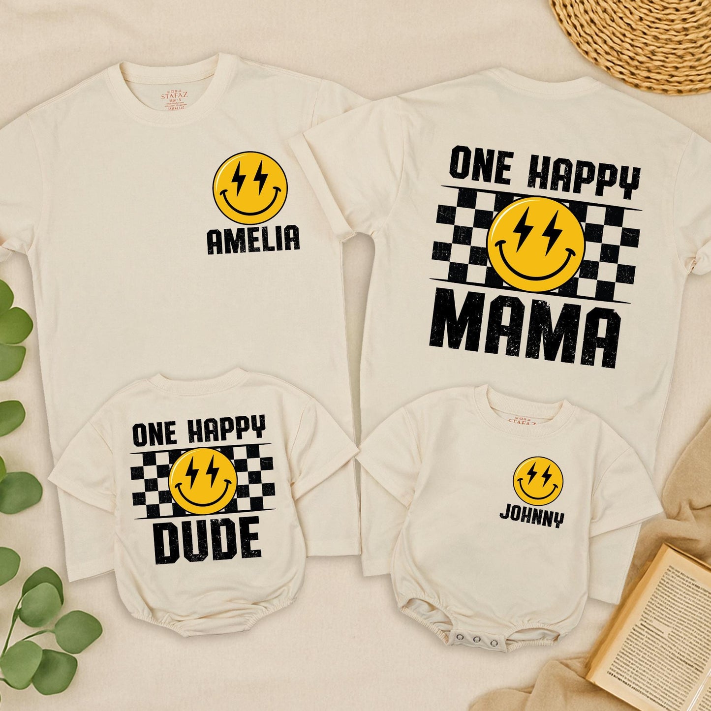 One Happy Dude Retro Smiley Face Lightning Eyes Birthday Shirt Custom Name Family Tees 1st Birthday Outfit