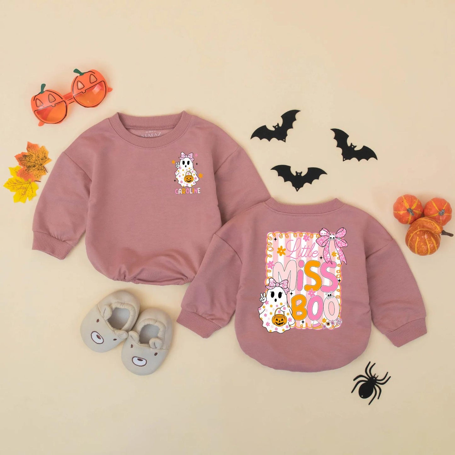 Personalized Little Miss Boo Romper: Custom Baby Girl Halloween Outfit with Cute Ghost & Bows, Fall Clothes, Spooky Season First Halloween Gift (138 chars)