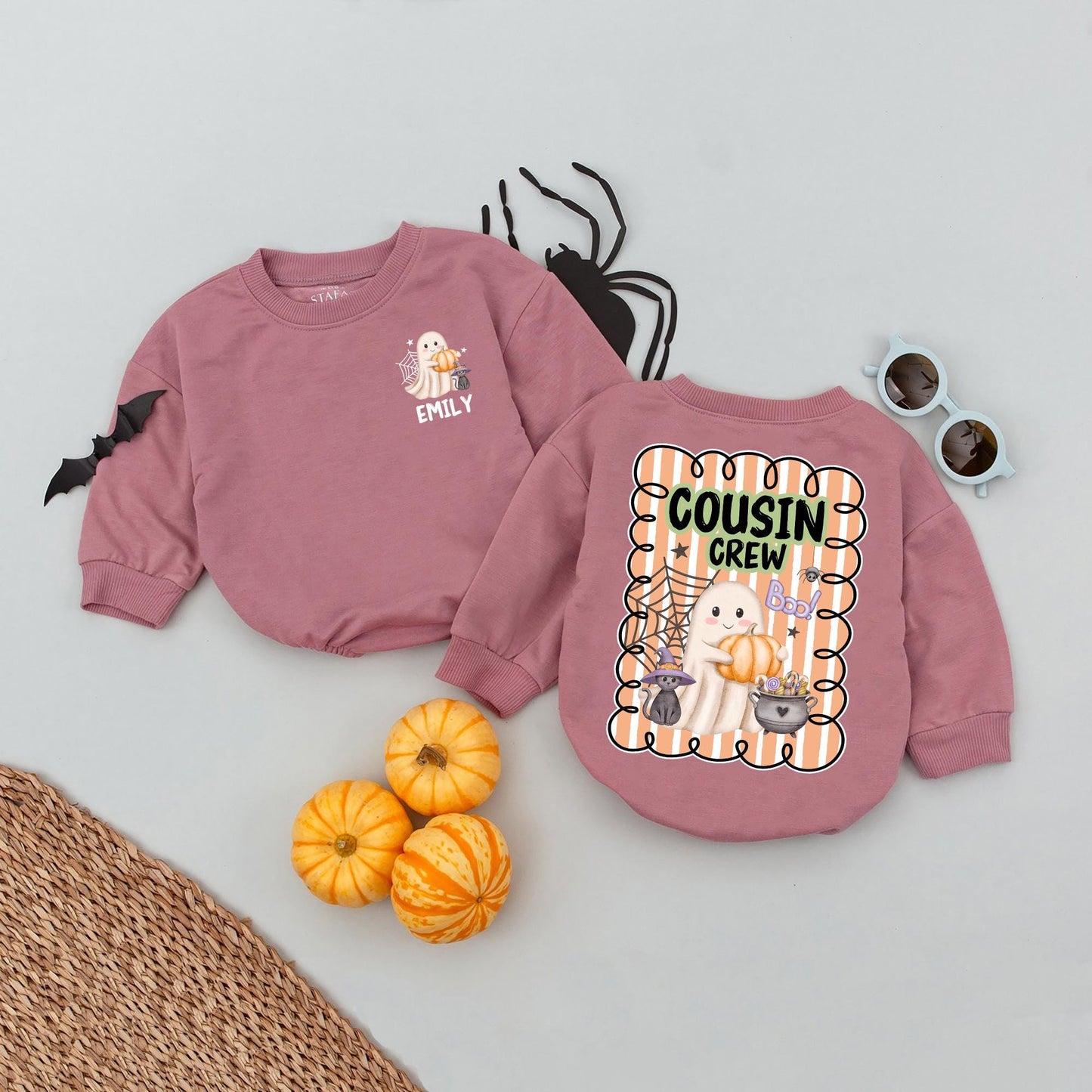 Personalized Cousin Crew Halloween Romper: Ghost, Cat, Pumpkin Fun! Matching Baby Outfit, Custom Name 2025, Playful Halloween Kids Apparel (139 chars)