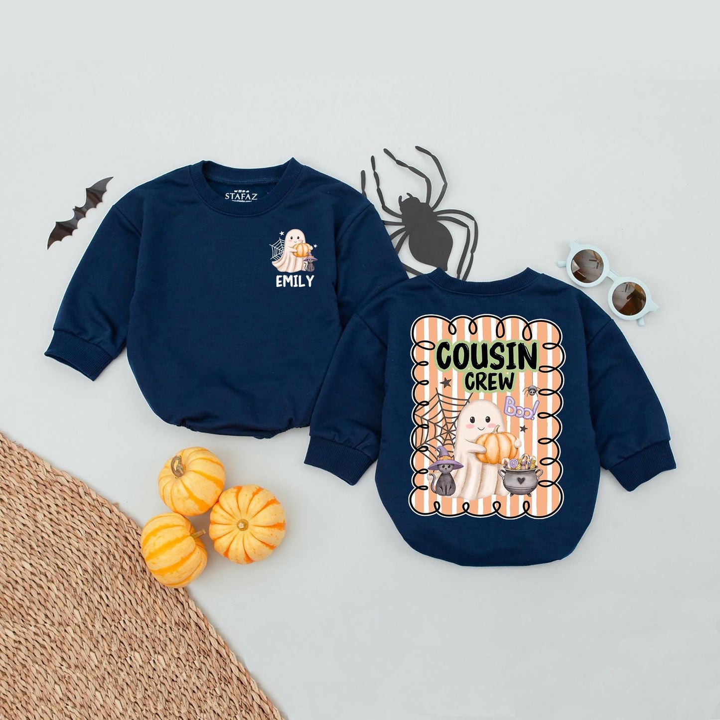 Personalized Cousin Crew Halloween Romper: Ghost, Cat, Pumpkin Fun! Matching Baby Outfit, Custom Name 2025, Playful Halloween Kids Apparel (139 chars)