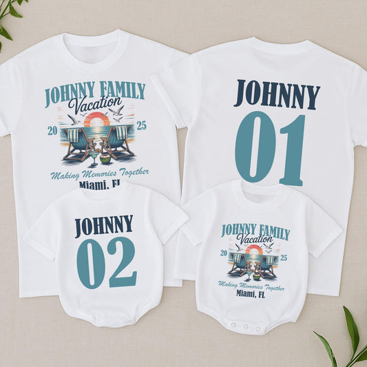 Personalized Johnny Family Vacation 2025 Beach Trip Shirts Making Memories Together Miami FL Retro Sunset Matching Family Tees