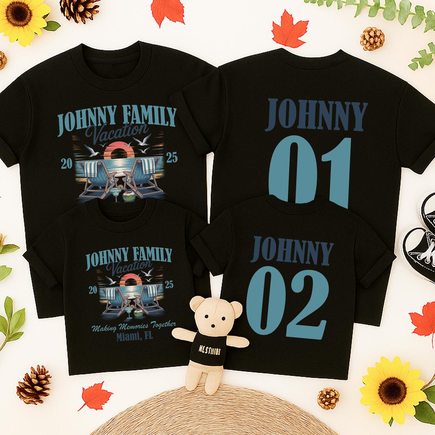 Personalized Johnny Family Vacation 2025 Beach Trip Shirts Making Memories Together Miami FL Retro Sunset Matching Family Tees