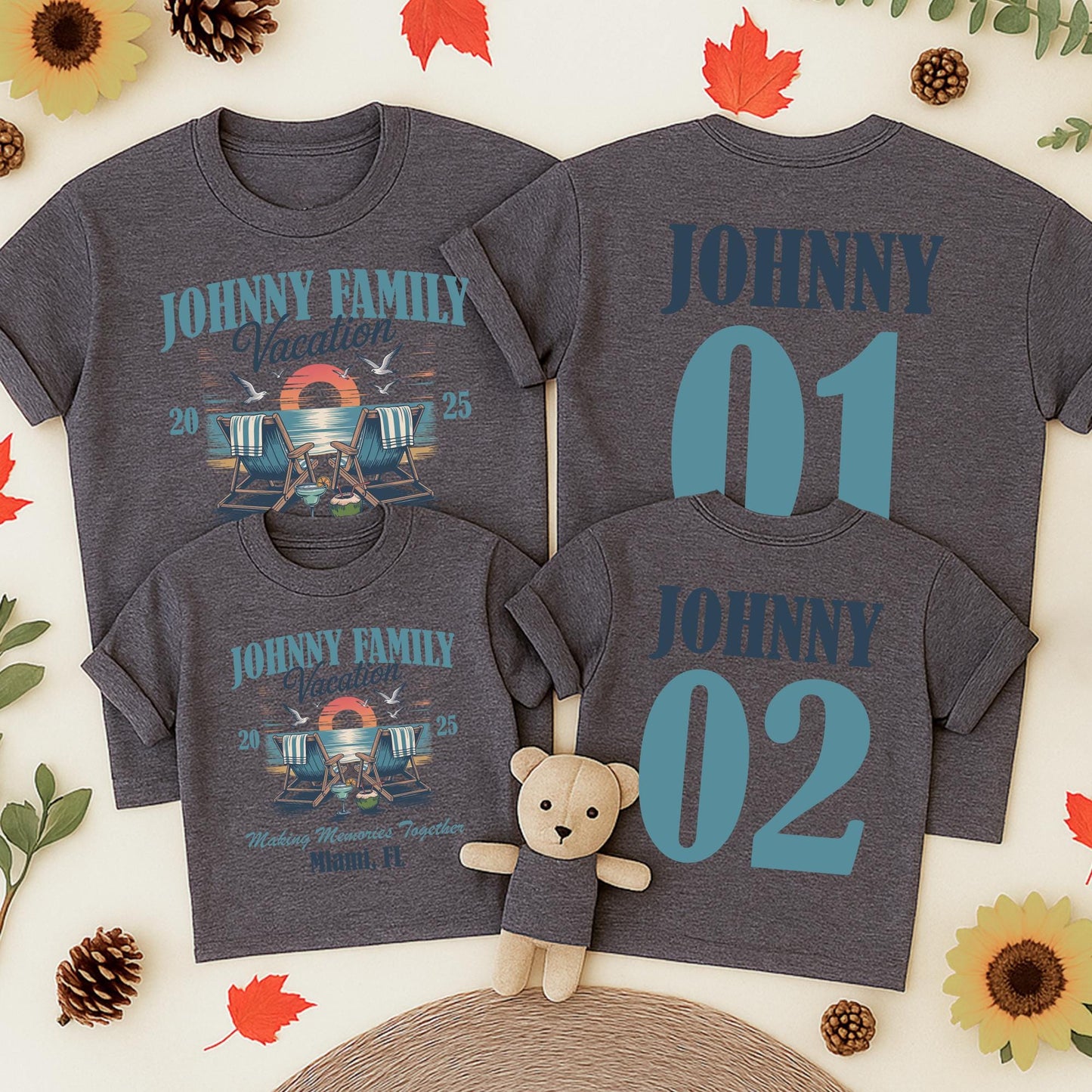 Personalized Johnny Family Vacation 2025 Beach Trip Shirts Making Memories Together Miami FL Retro Sunset Matching Family Tees
