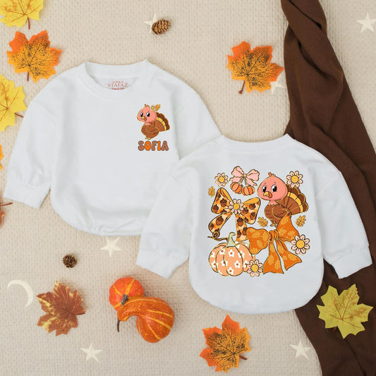 Custom Preppy Fall Turkey Baby Romper Thanksgiving Infant Outfit Toddler Gobble Clothes Warm Colorful Retro Pumpkin Flower Bow Design Holiday Gift