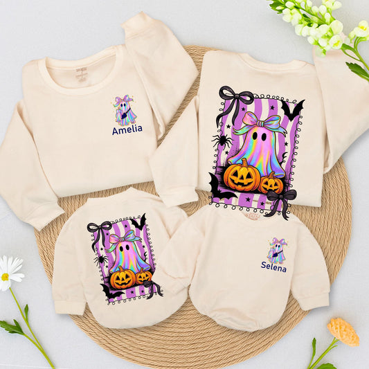 Personalized Shimmering Ghost Romper & Family Halloween Sweatshirt Set, Iridescent Baby Outfit, Mommy & Me, Cute Spooky Fall, Custom