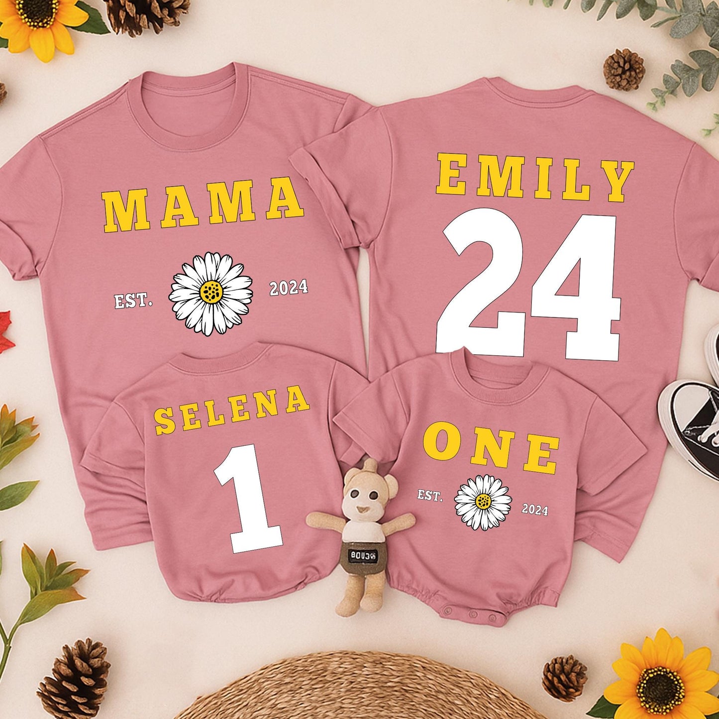 Matching Mama and Me Daisy Shirts, Personalized Mom and Baby Outfit with Year, Modern Yellow Block Lettering Family Tees, Mother's Day Gift Set, Soft Cotton (139 chars)