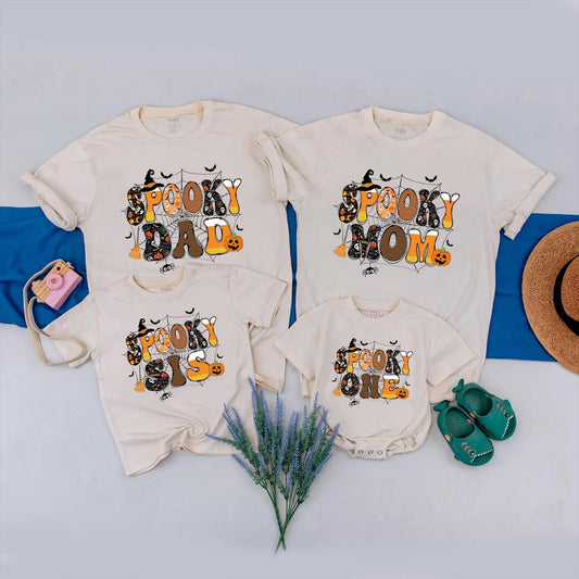 Spooky One Halloween Birthday Matching Family Shirts, Retro 1st Birthday Spooky Vibes Outfit, Dad, Mom, Sis, Black Orange Bats Pumpkins Spider Webs (138 chars)