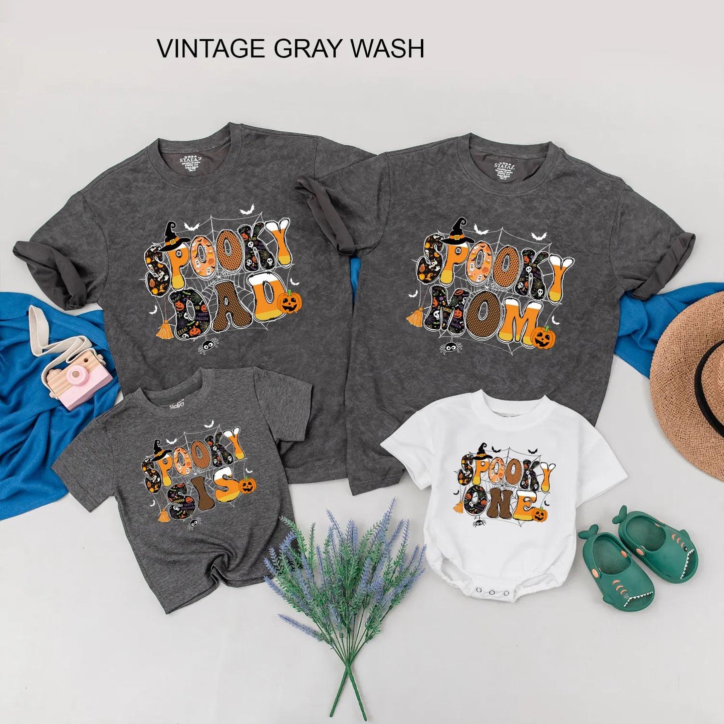 Spooky One Halloween Birthday Matching Family Shirts, Retro 1st Birthday Spooky Vibes Outfit, Dad, Mom, Sis, Black Orange Bats Pumpkins Spider Webs (138 chars)
