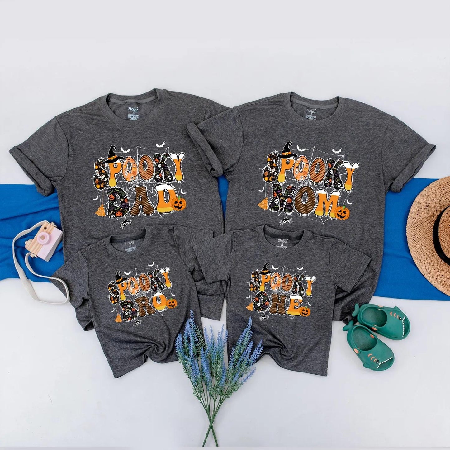 Spooky One Halloween Birthday Matching Family Shirts, Retro 1st Birthday Spooky Vibes Outfit, Dad, Mom, Sis, Black Orange Bats Pumpkins Spider Webs (138 chars)