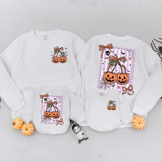 Retro Pumpkin Cherries Sweatshirt Spooky Season Family Matching Halloween Shirt Adorable Pumpkin Bow Mommy and Me Fall Outfits