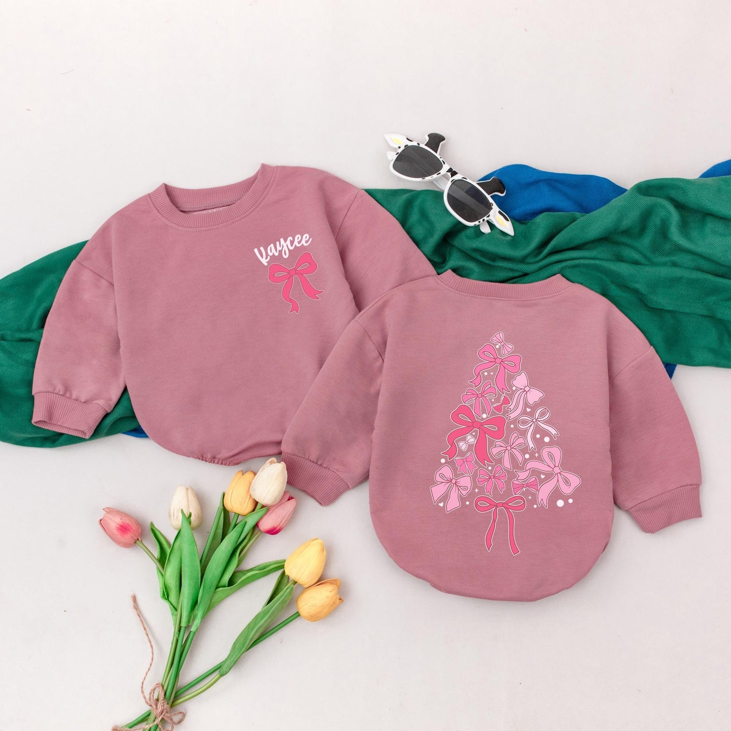 Custom Pink Bow Christmas Tree Baby Romper My First Christmas Outfit Girl Bodysuit Baby Shower Gift