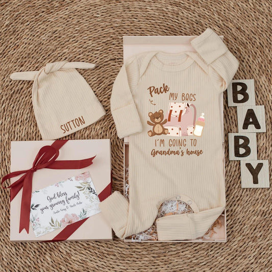 Grandma's House Baby Bodysuit: Pack My Bags Cute Newborn Outfit, Soft Cotton Coming Home Clothes, Funny Grandparent Gift, Neutral Colors 136