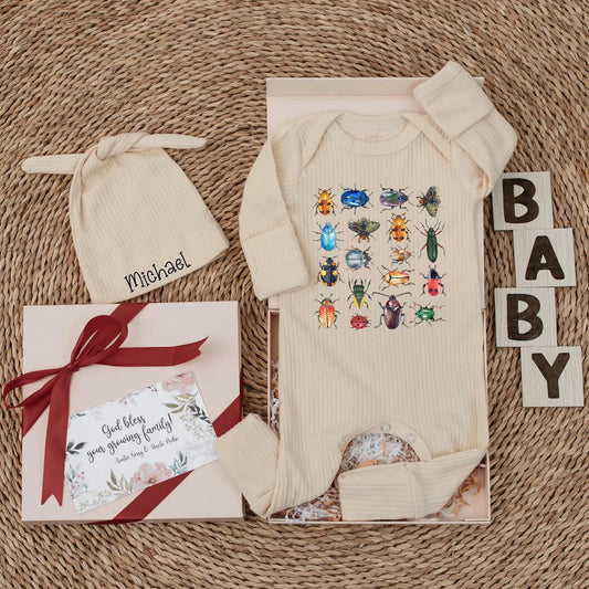 Personalized Baby Insect Bodysuit Colorful Bugs Newborn Outfit with Realistic Beetle Grid Illustrations, Baby Shower Gift & Coming Home