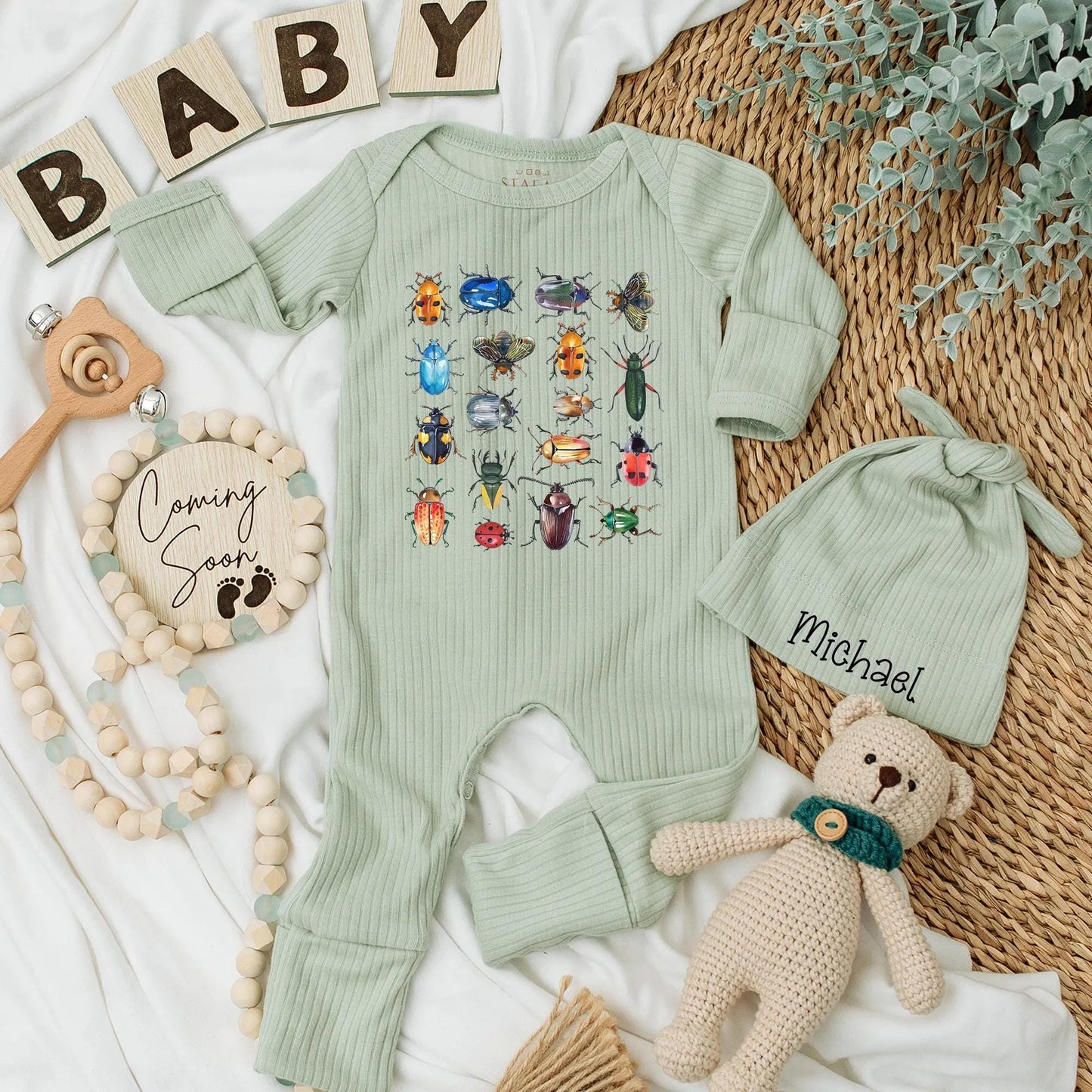 Personalized Baby Insect Bodysuit Colorful Bugs Newborn Outfit with Realistic Beetle Grid Illustrations, Baby Shower Gift & Coming Home
