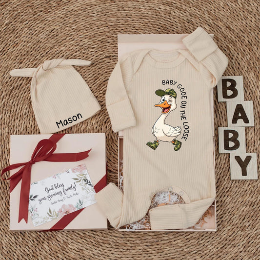 Personalized Baby Goose on the Loose Bodysuit Funny Cartoon Goose Winking Newborn Outfit Baby Boy Clothes Perfect Shower Gift