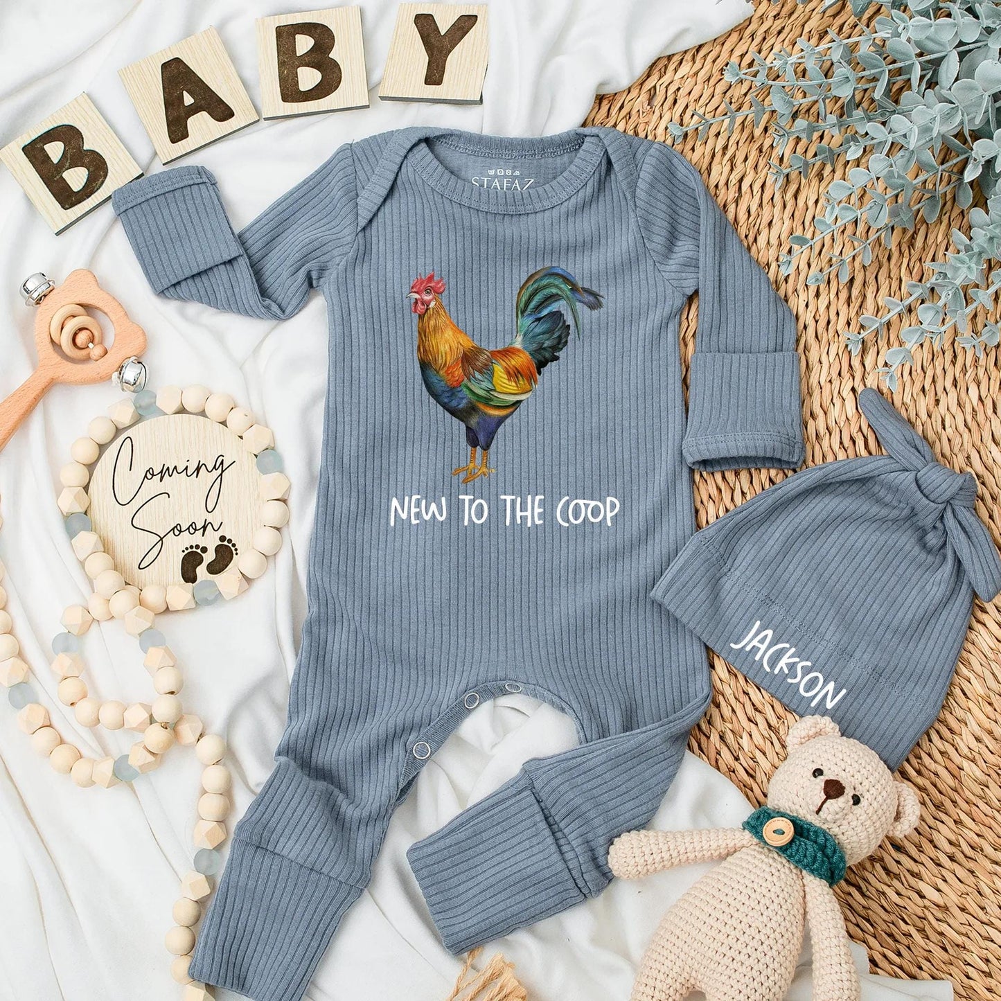 Vibrant Blue Green Red Rooster New to the Coop Baby Bodysuit Farm Animal Newborn Outfit Funny Chicken Baby Clothes Baby Shower Gift