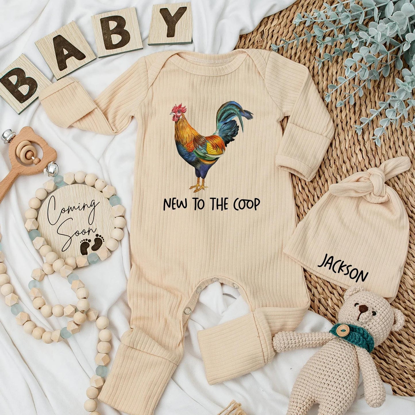 Vibrant Blue Green Red Rooster New to the Coop Baby Bodysuit Farm Animal Newborn Outfit Funny Chicken Baby Clothes Baby Shower Gift