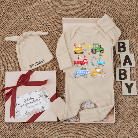 Construction Zone Baby Bodysuit: Cartoon Trucks & Tractors Outfit, Personalized Newborn Gift for Boy, Fun Vehicle Print Clothes Set, Baby Shower Present (138 chars)