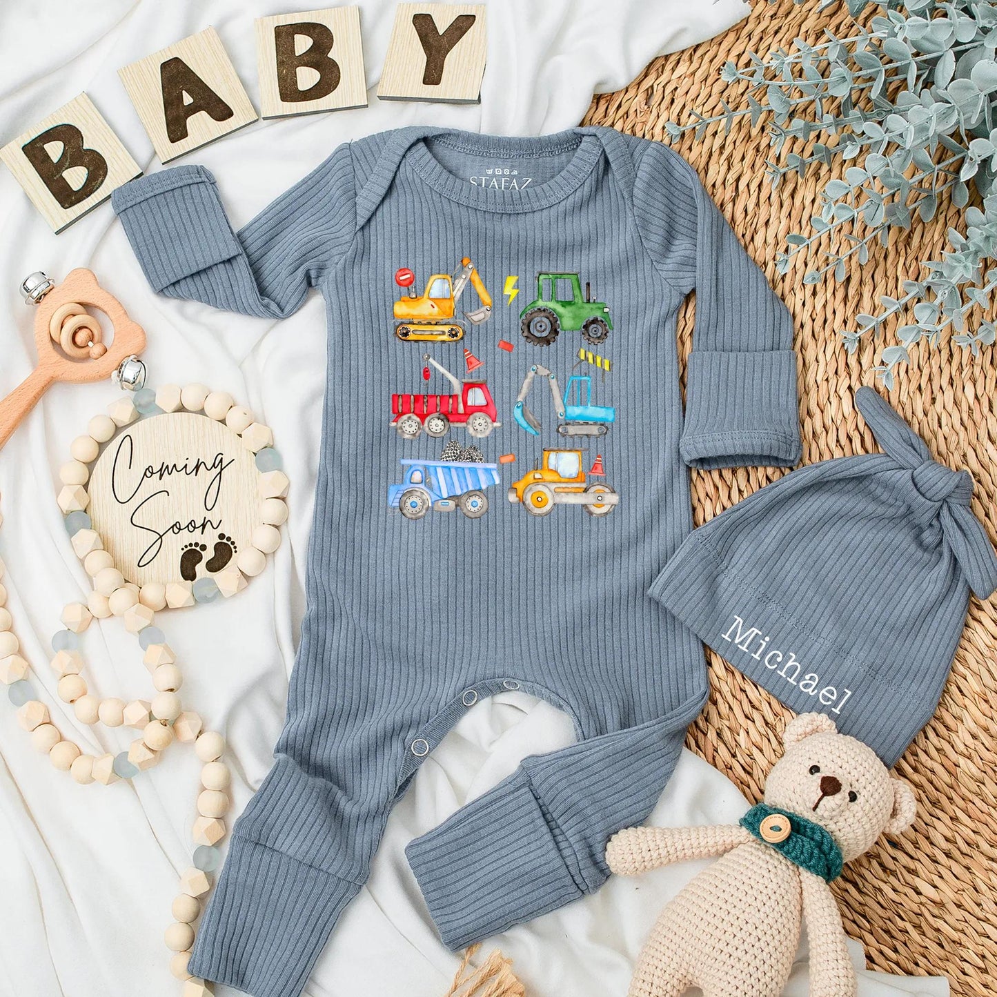 Construction Zone Baby Bodysuit: Cartoon Trucks & Tractors Outfit, Personalized Newborn Gift for Boy, Fun Vehicle Print Clothes Set, Baby Shower Present (138 chars)