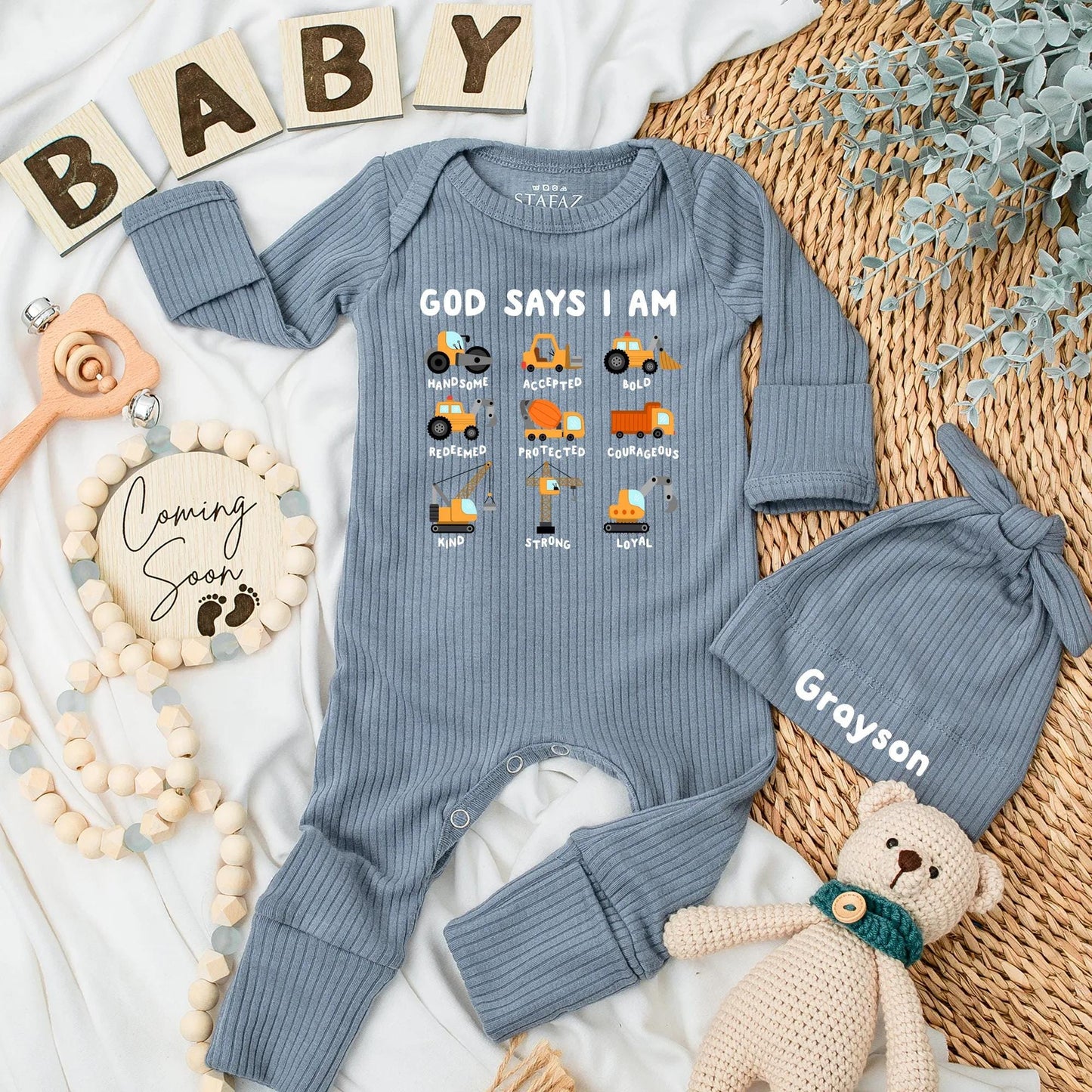 God Says I Am Baby Bodysuit Construction Trucks Outfit Christian Newborn Romper Handsome Accepted Baby Clothes Gift Truck Lover Courageous Kind Strong 137