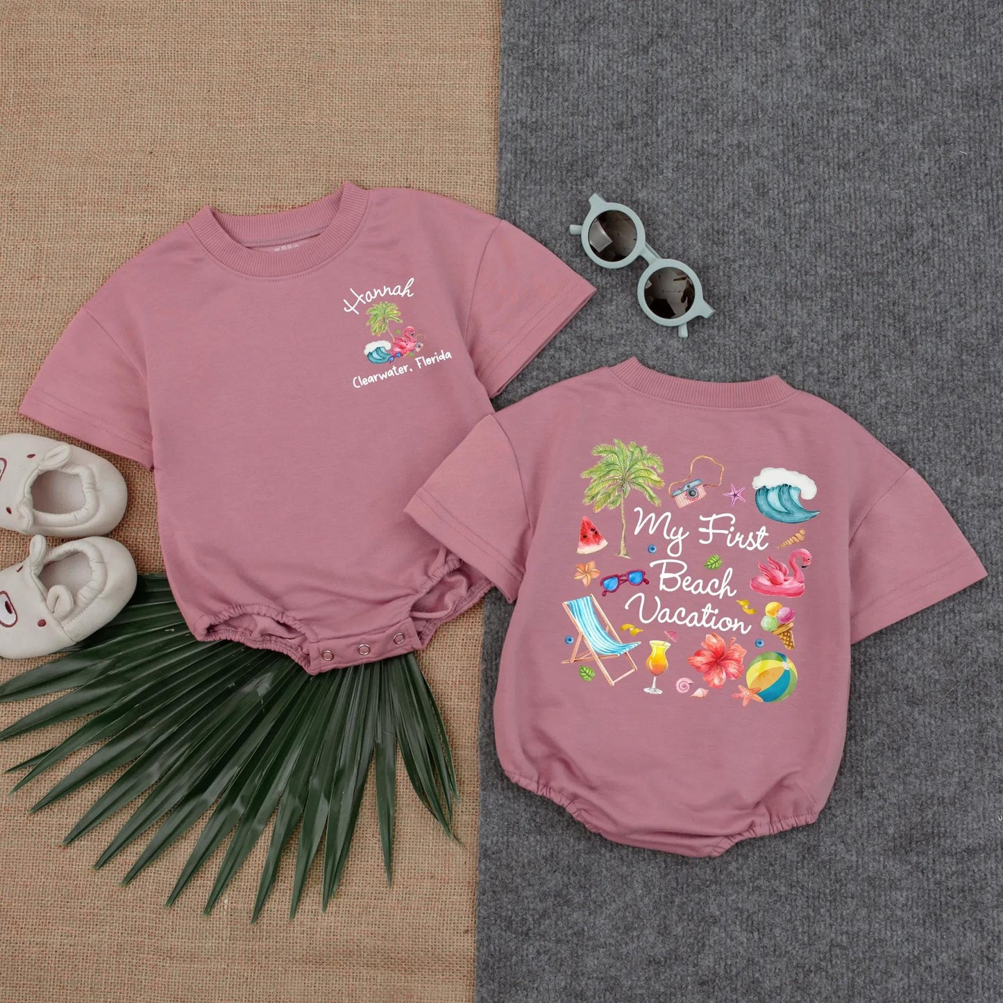 My First Beach Vacation Baby Romper, Clearwater Florida Design, Summer Infant Clothes, Personalized Beach Bodysuit, Playful Vacation Outfit, Short Sleeve